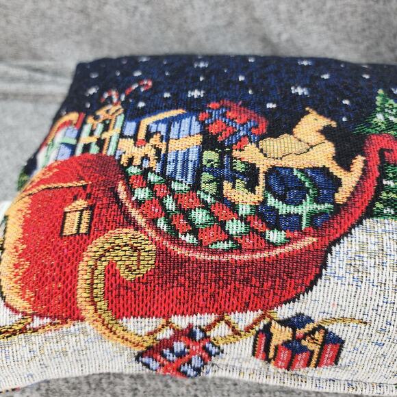 Christmas Tapestry Throw Pillow 16"x12" Blue Santa Sleigh Presents Ornaments Hol - Picture 3 of 12